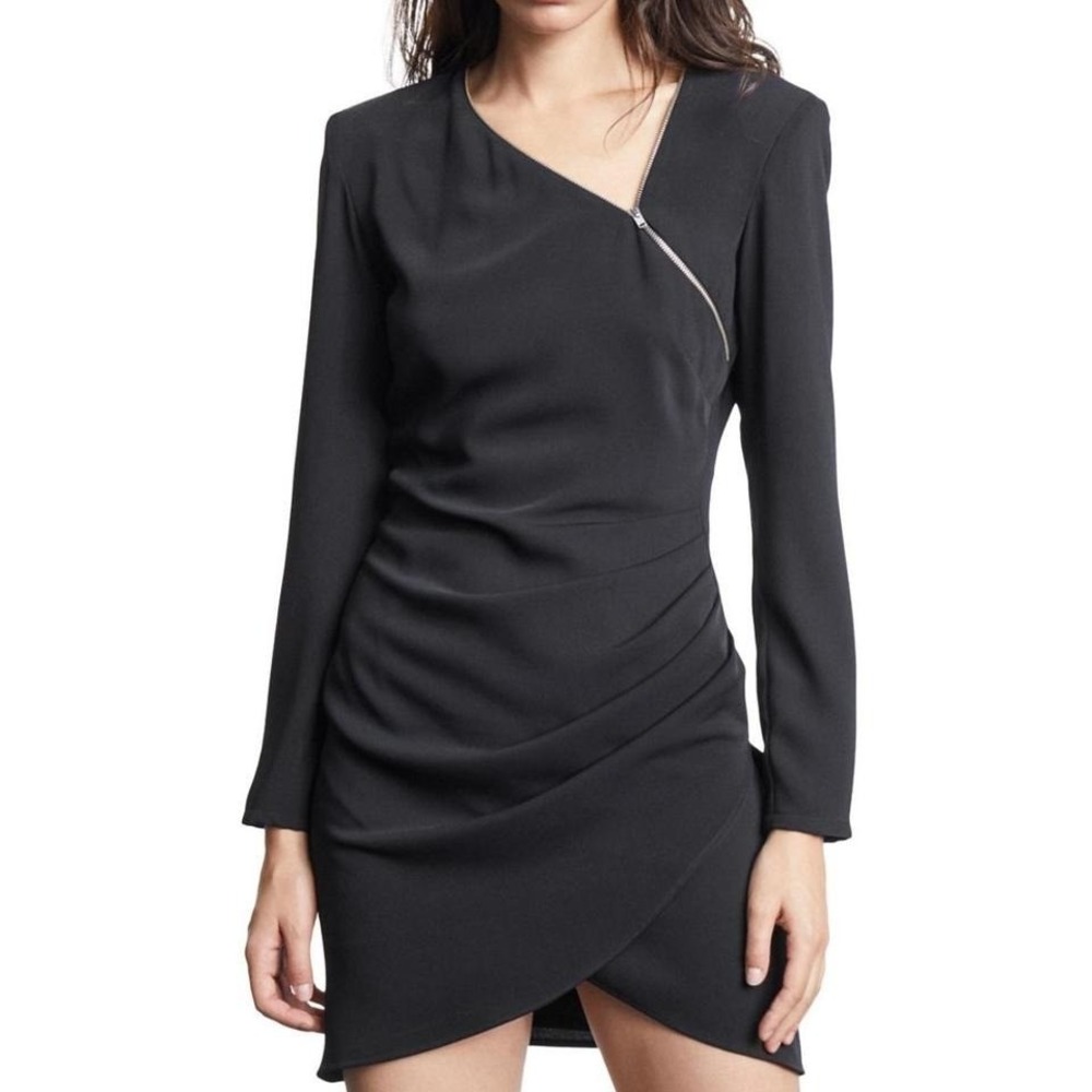 NEW - The Kooples Black Zip-neck long-sleeve stretch-woven mini dress - Size S
